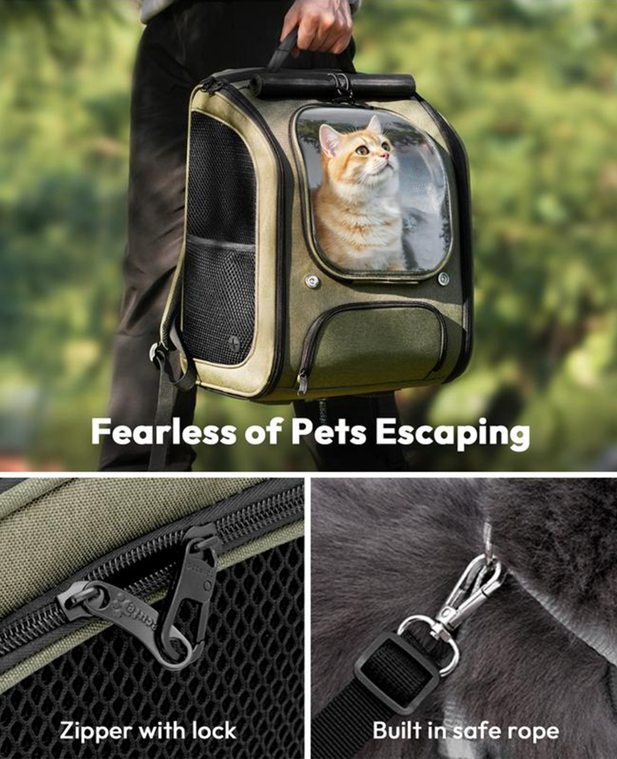 Cat Carrier Backpack -  Expandable, Locking Zipper, Ventilated Mesh, Breathable Fabric, UV Protection, Padded Straps, Foldable, No Pulling