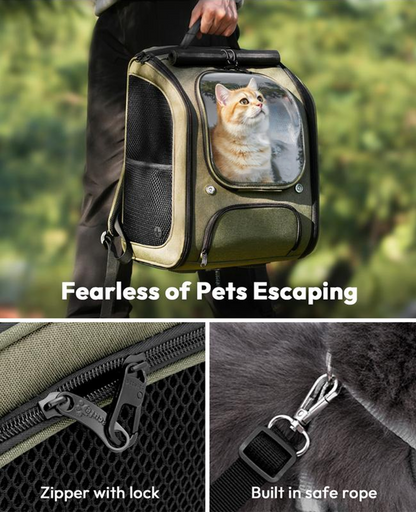 Cat Carrier Backpack -  Expandable, Locking Zipper, Ventilated Mesh, Breathable Fabric, UV Protection, Padded Straps, Foldable, No Pulling